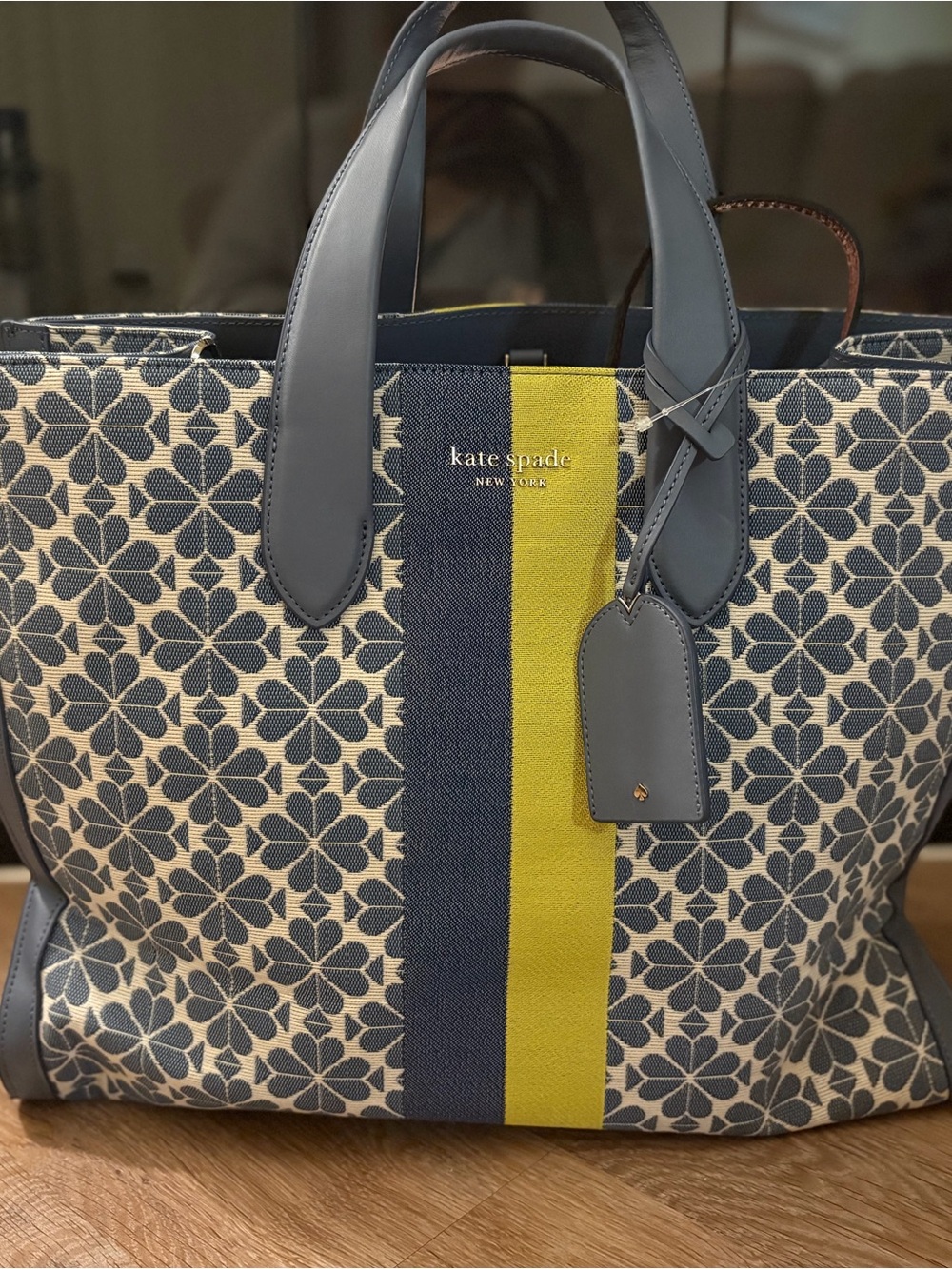 kate spade Blue Floral Canvas Tote with Yellow Center Stripe